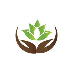 Caring hands holding green lotus flower wellness spa massage therapy natural healing logo design