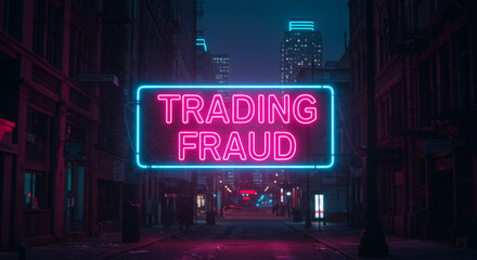 Neon sign flashing "TRADING FRAUD" against a dark background, warning message.
