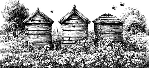 Engraved illustration of beehives amidst wildflowers for nature and gardening design
