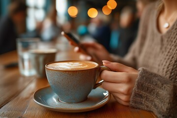A cozy coffee moment with a cup of latte and a phone in a warm cafe atmosphere.