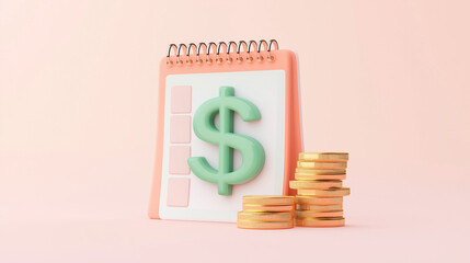 Illustration of a dollar sign calendar  and coins on a white background