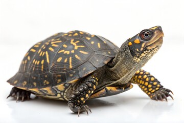 Isolated white background studio shot of a slow tortoise