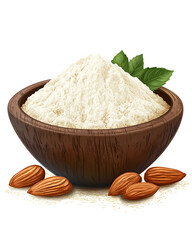 Fototapeta premium Realistic and artistic representations of almonds, almond farming, processing, and almond-based products like milk, butter, and oil isolated on a white background.