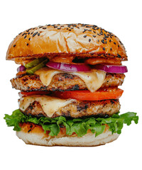 Burger on transparent background. A sandwich consisting of one or more cooked patties of ground meat placed inside a sliced bread roll or bun.