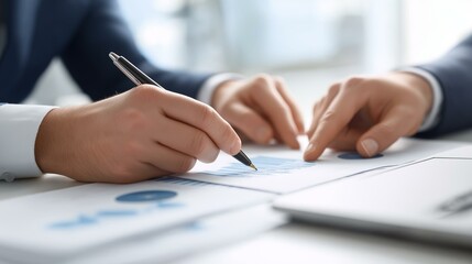 Close-up of hands discussing business charts and reports in an office setting.