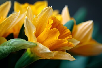 Obraz premium Close-up of vibrant yellow daffodils showcasing their delicate petals and lush greenery.