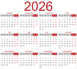 Modèle de calendrier 2026 pour agenda, planificateur, organiseur avec mois et semaines en allemand - textes vectorisés et non vectorisés sur calques séparés