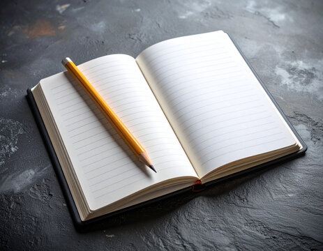 An open blank notebook with a sharp pencil lies on a textured surface, inviting new ideas and possibilities for learning.