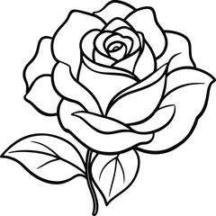 Elegant Rose Outline Illustration with Leaves on a White Background