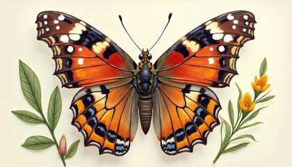 Fototapeta premium Butterfly with Orange Wings and Flowers