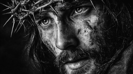 Crown of Thorns on a Weathered Face in Black and White