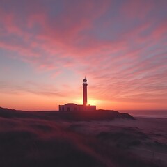 Lighthouse at Sunset.  A tranquil coastal scene featuring a lighthouse silhouetted against a vibrant sunset sky.  Gentle dunes and a tranquil ocean complete the serene ambiance