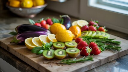 Fresh Colorful Fruits and Vegetables on Wooden Cutting Board Near Window