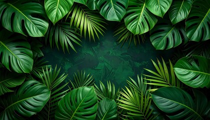 Lush Tropical Foliage Frame Green Monstera with Palm Leaves on Dark Background.