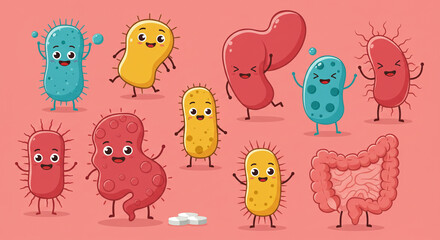 bacteria cartoon characters representing microbiome diversity and wellness
