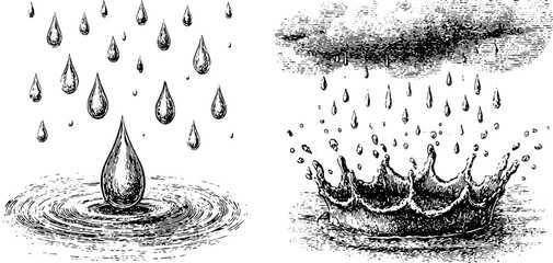 Vintage engraved illustration of falling rain and rippling water drops for rustic design