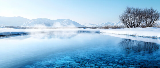 Fototapeta premium Winter Landscape With Frozen River And Snowy Mountains