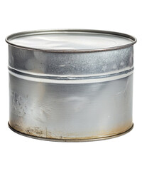 Metal tin on transparent background. Commonly used for storage or transport.