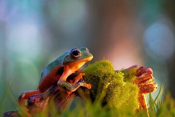 Flying frog sitting on the moss with blur background