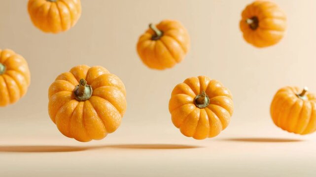 Floating orange pumpkins looping animation featuring Pumpkins floating in place on an light background. Bouncing animation autumn pumpkins