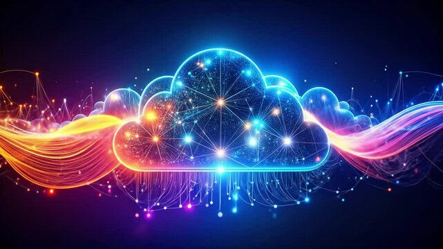 Abstract cloud computing animation showcasing network connectivity and data flow