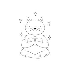 Cat sitting in a meditative pose with its eyes closed and surrounded by  stars