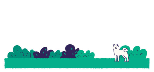 Lawn and white lawn dog. Copy space. Dog run.