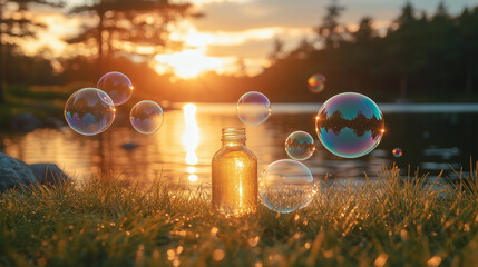 Bottle of bubble solution on sunlit grass with shimmering soap bubbles floating nearby at sunset beside a calm lake reflecting warm golden light and silhouetted trees