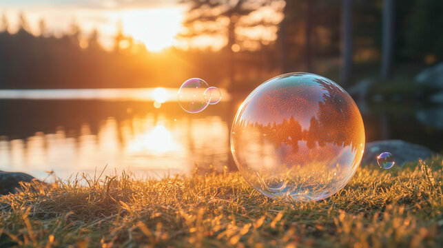 Large soap bubble floating above sunlit grass near a lake at golden hour with warm reflections of trees and sky on the water and soft sunlight filtering through the forest - Powered by Adobe