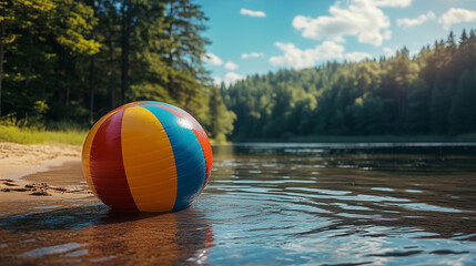 Inflatable multicolor beach ball resting on the edge of a calm forest lake under a clear blue sky with fluffy clouds and dense green trees reflecting in the water