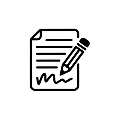 A simple black icon illustrates a pencil poised over a piece of lined paper, suggesting writing or editing