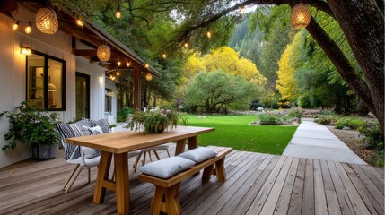 Fototapeta premium Outdoor dining area featuring wooden table and benches, surrounded by lush greenery and autumn foliage, with string lights creating a cozy atmosphere in a serene garden setting