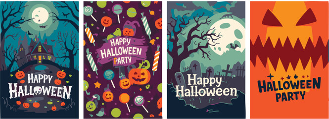 Vintage Halloween Party Posters Set – Spooky Haunted House, Graveyard, Candy, Pumpkin Designs – Perfect for Holiday Decor & Invitations