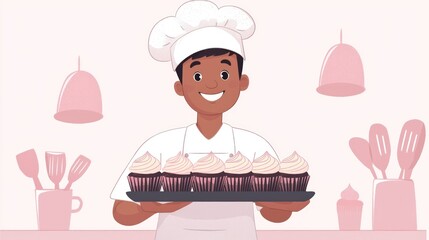 Happy baker holding cupcakes