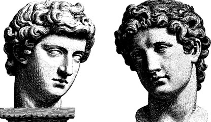 Engraved illustration of greek statues with marble texture for historical art design
