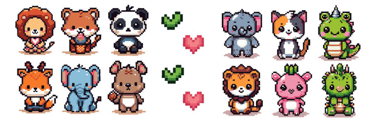 A set of adorable animals with pixel art style