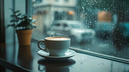 Hot coffee cup on a table by the window on a rainy day