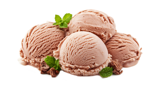 Delicious Chocolate Ice Cream Scoops with Mint Garnish isolated on a white background