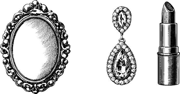 Vintage beauty essentials: engraved mirror, lipstick, and jewelry illustration for design