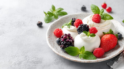 Mini pavlova with cream and fresh berries on white plate garnished with mint leaves, creating vibrant and appetizing dessert scene