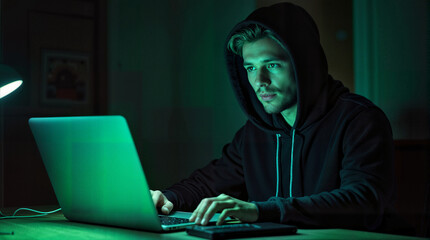 Young man typing on laptop in dark setting with green light