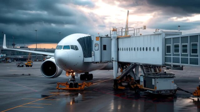 Commercial Airplanes Docked at Passenger Jet Bridge