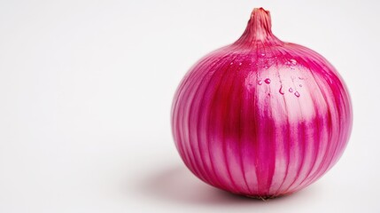 Fototapeta premium A fresh red onion with water droplets sits on a clean white background.