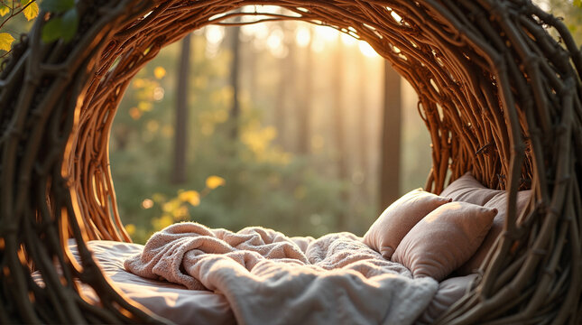 Rustic co-sleeper crib made from woven willow branches in forest  