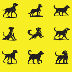 Standing black dog silhouette on yellow background, dog vector