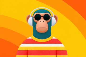Fototapeta premium Vibrant monkey in headphones and sunglasses in a colorful setting