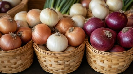 Baskets filled with fresh yellow, white, and red onions are displayed on a market table, showcasing a vibrant variety of vegetables.