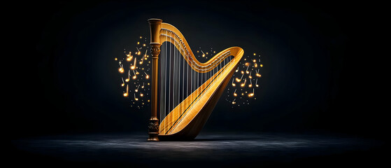 Golden Harp With Sparkling Musical Notes On Dark Background