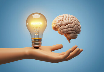 Concept of idea generation and creative thinking with light bulb and brain on hand for innovation success