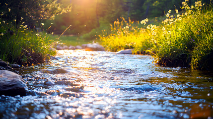 Fototapeta premium Clear River Flowing Through a Sunny Meadow with Soft Sunlight